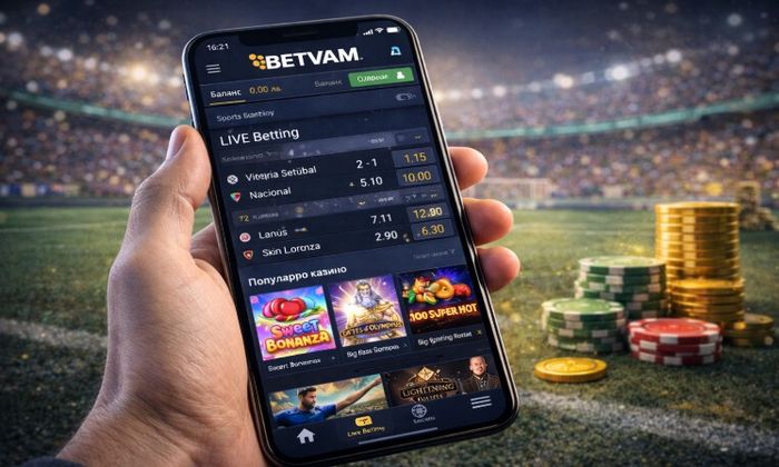 Мобилното приложение Betvam на смартфон с достъп до спортни залози и казино