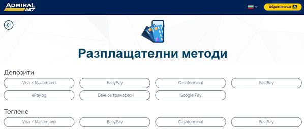 AdmiralBet Разплащателни методи